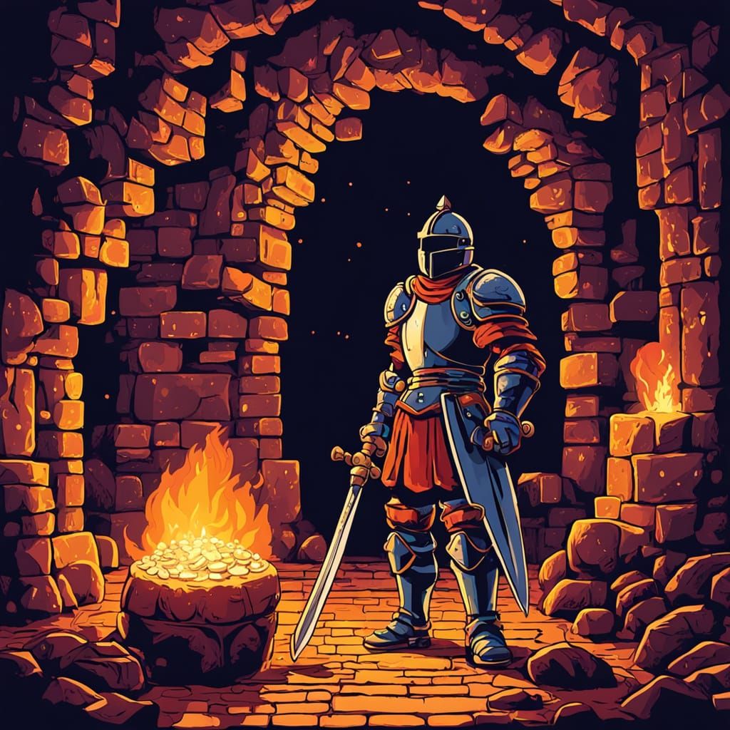 8-Bit Knight Stands Guard in Treasure-Filled Cave