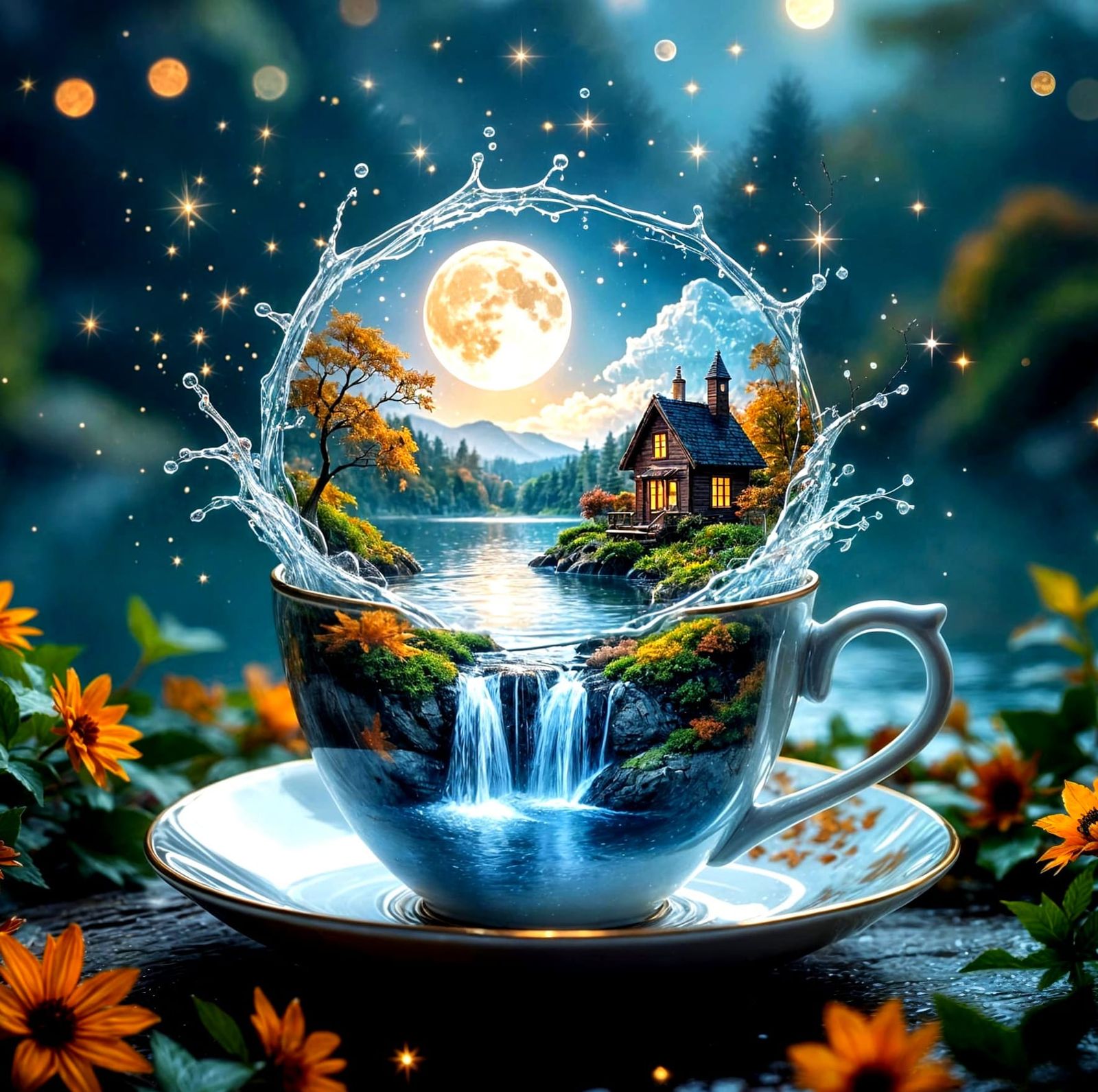 Autumn Waterfall Scene in Teacup with Moon Jewelry