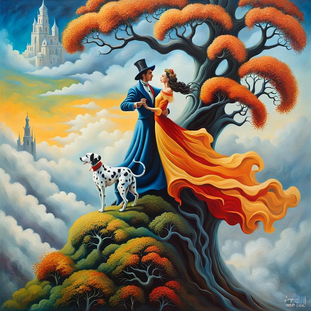 Wizard and Dalmatian Tango: Surrealist Oil Painting