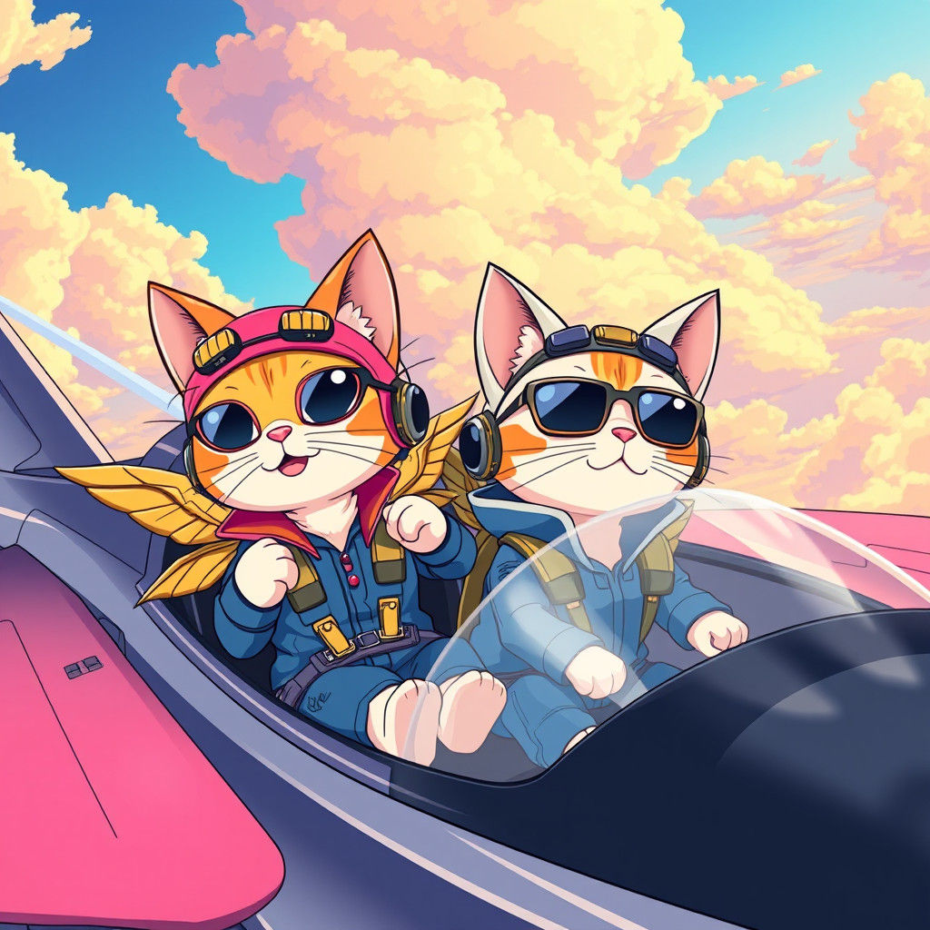 Chibi Cats in Fighter Jet, Anime Style