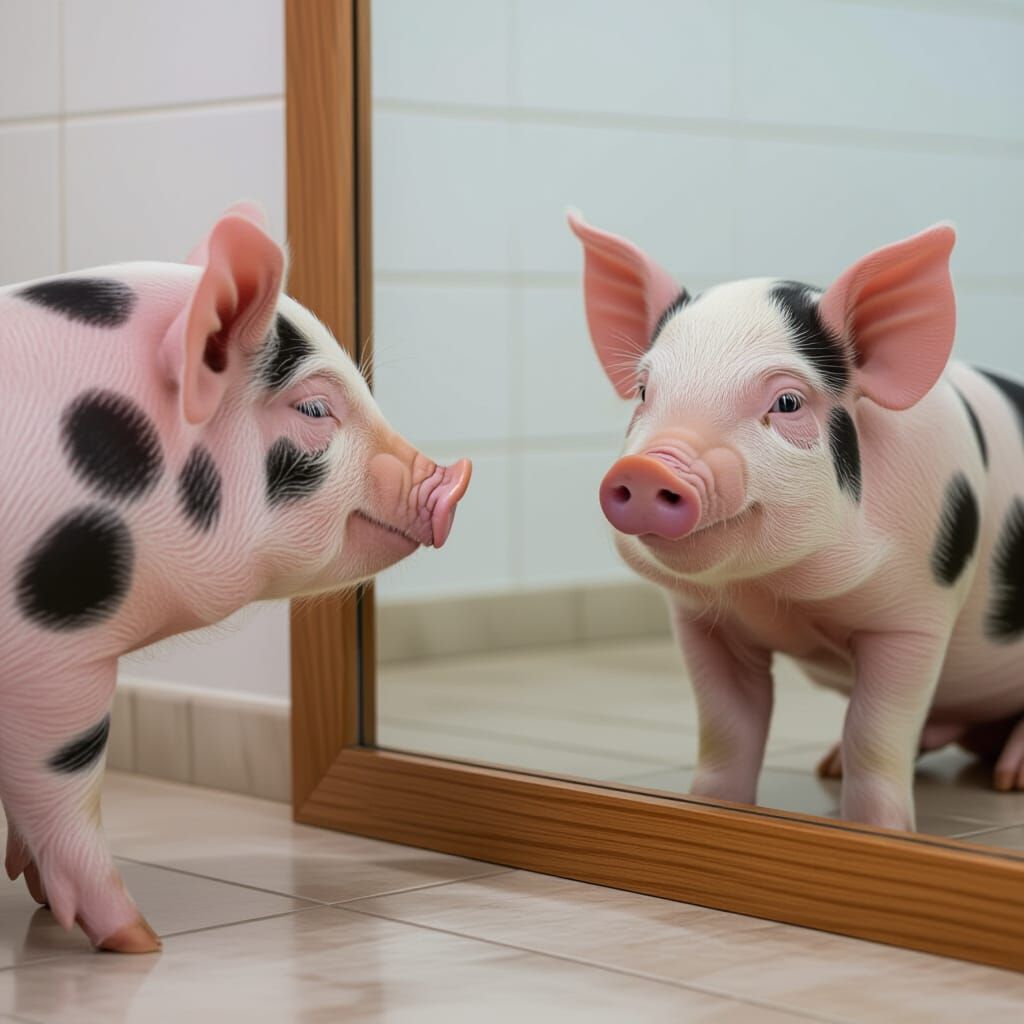Pig Looks Suspiciously at Reflection in Mirror