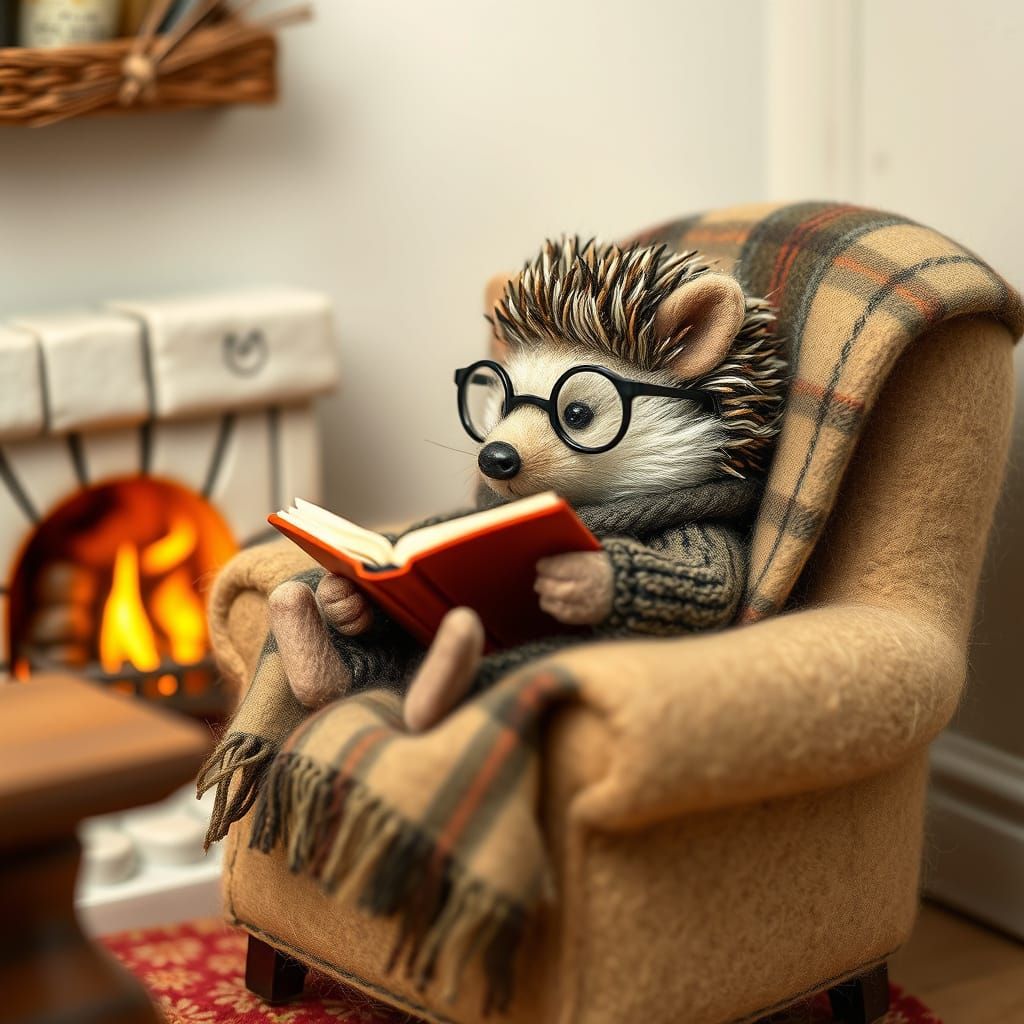 Felted Hedgehog Reading by Fireplace in Whimsical Style