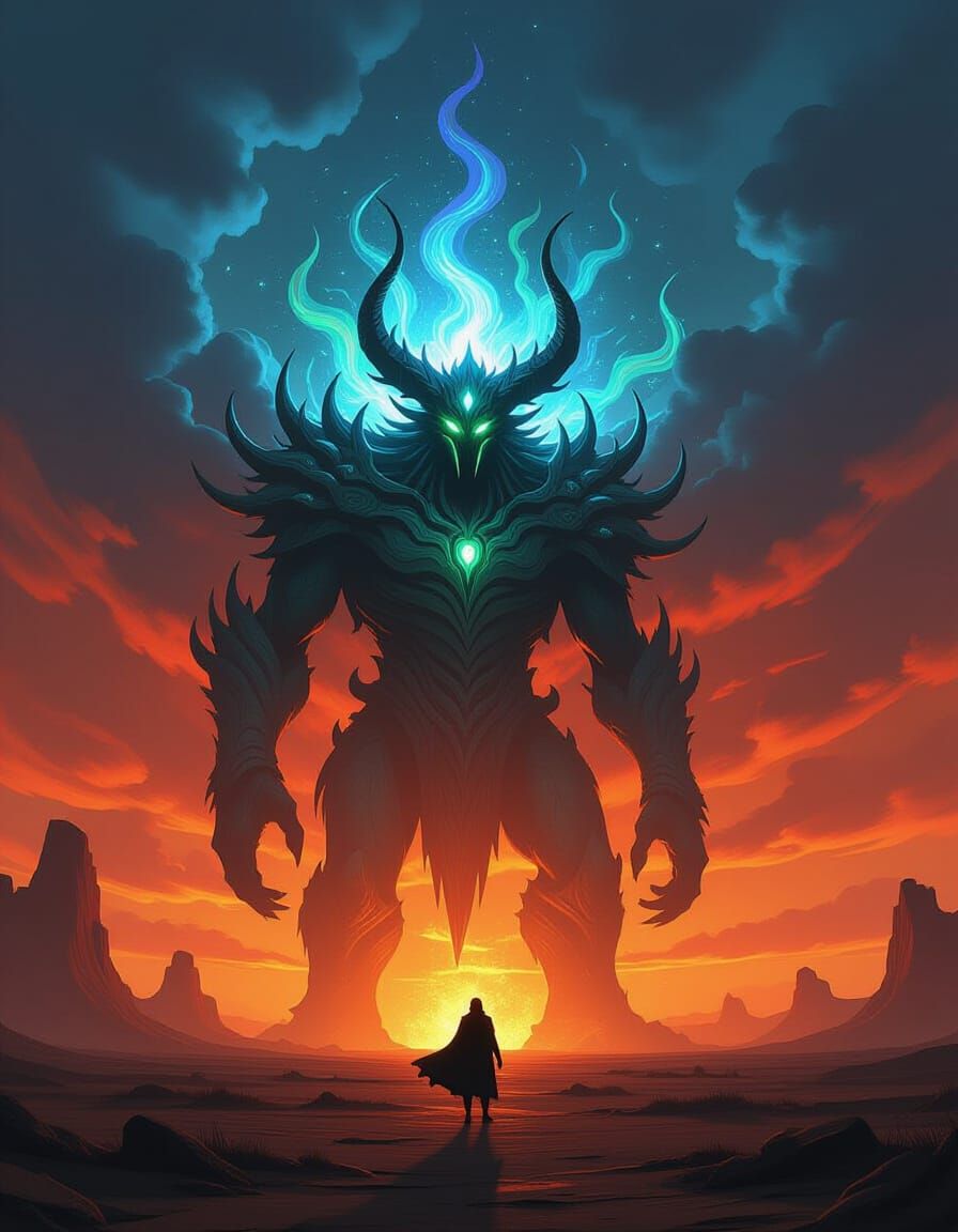 Colossal Magical Creature in Dark Fantasy Landscape