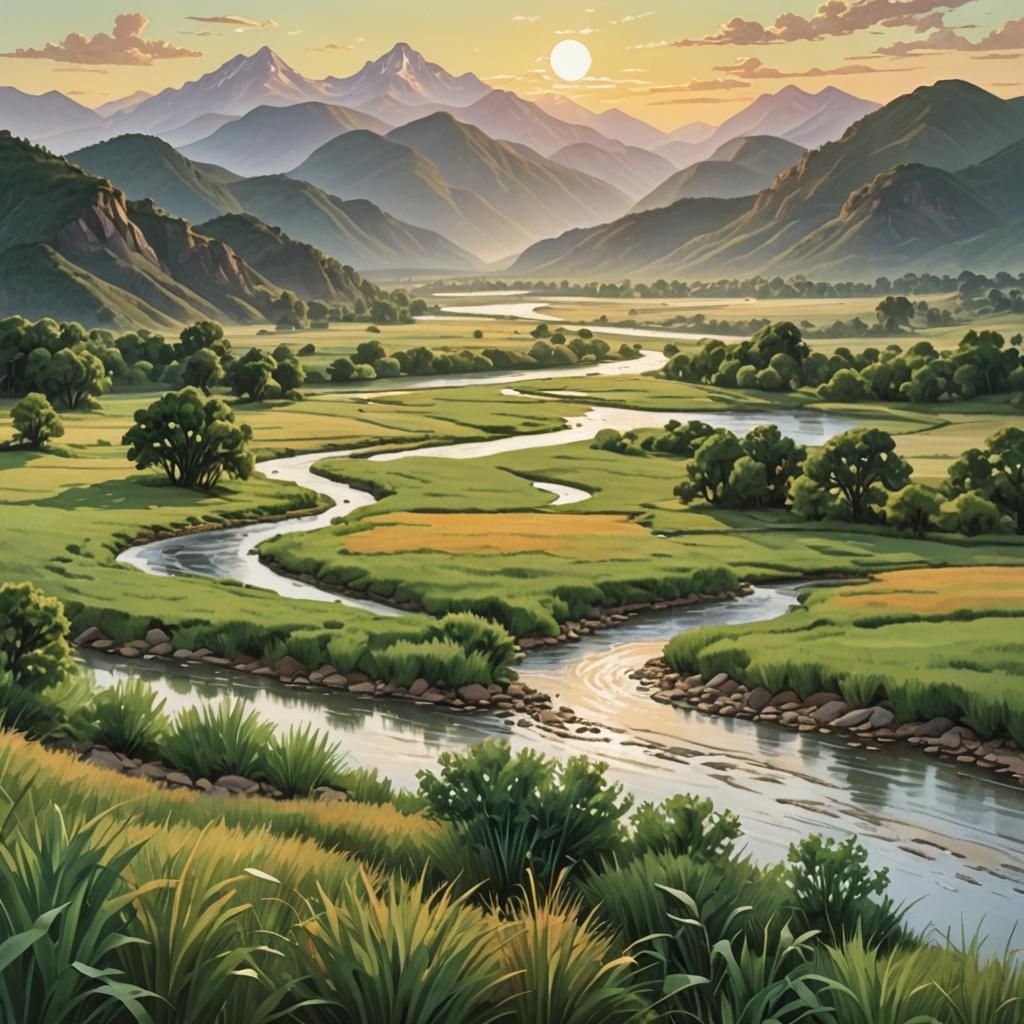 "Visualize an expansive natural landscape. To the left, ther...