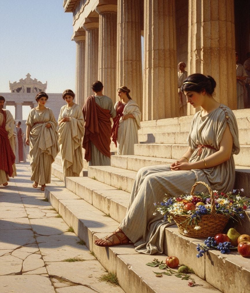 Woman at Ancient Greek Temple Steps with Flower Basket