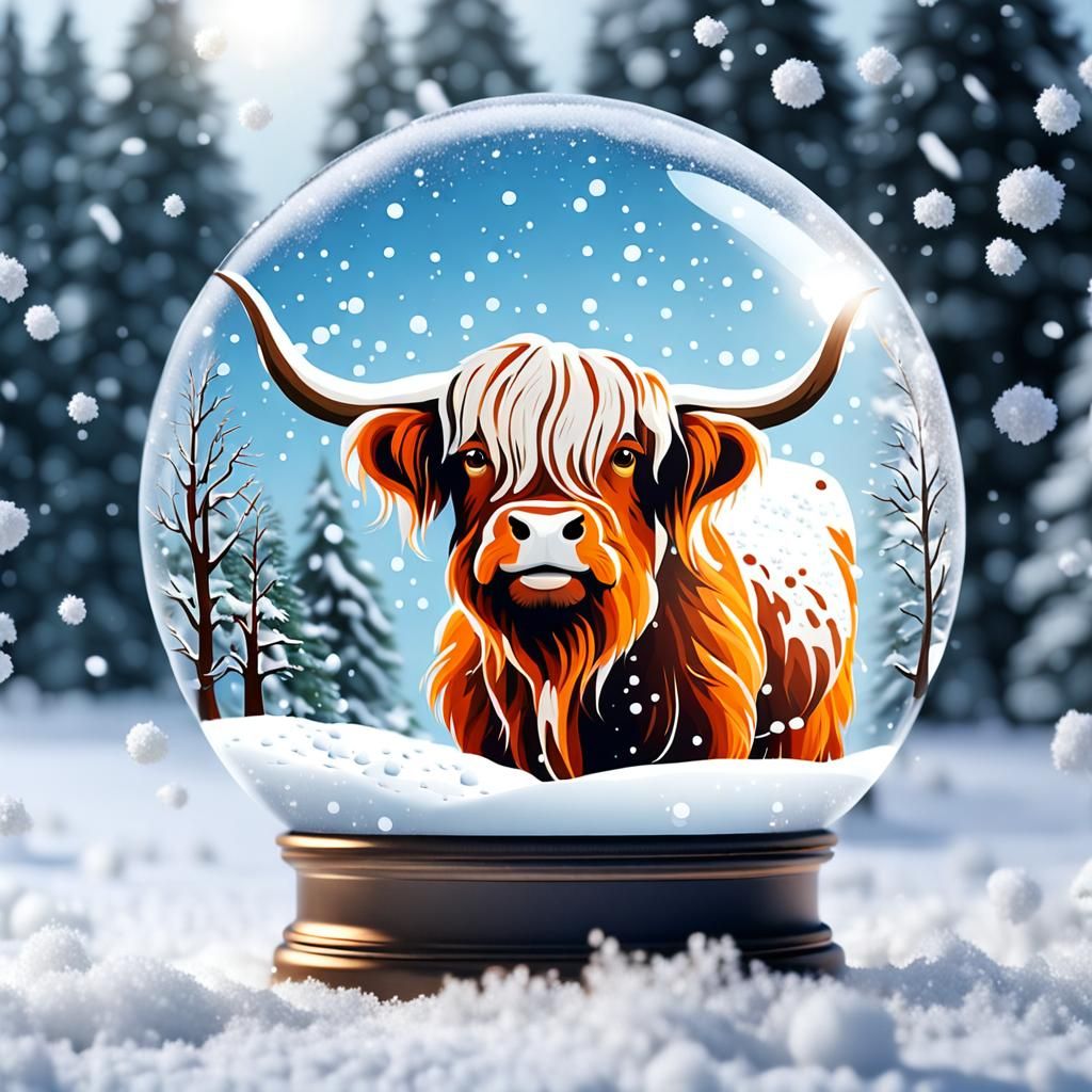 A snow globe with a highland cow looking happy