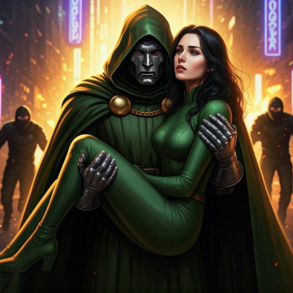 Doom's Desperate Rescue in a Neon-Lit Cityscape