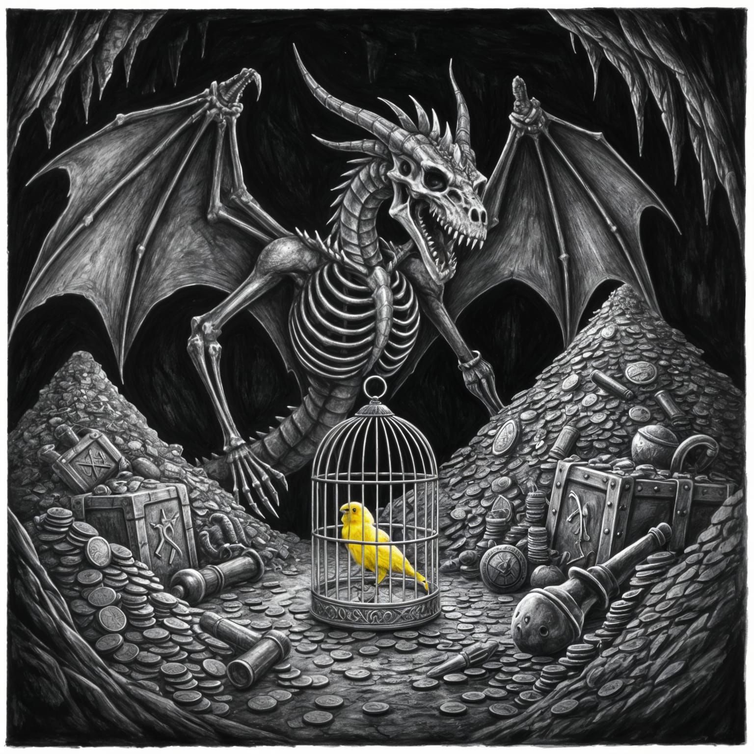 Skeletal Dragon Pirate's Treasure Hoard: Charcoal Drawing