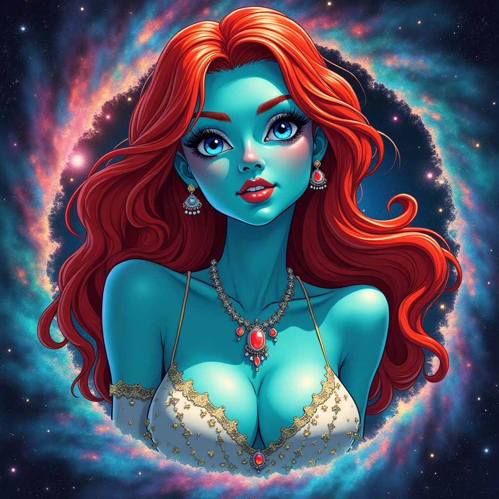 Turquoise Woman Emerges from Galaxy, in Sci-Fi Style