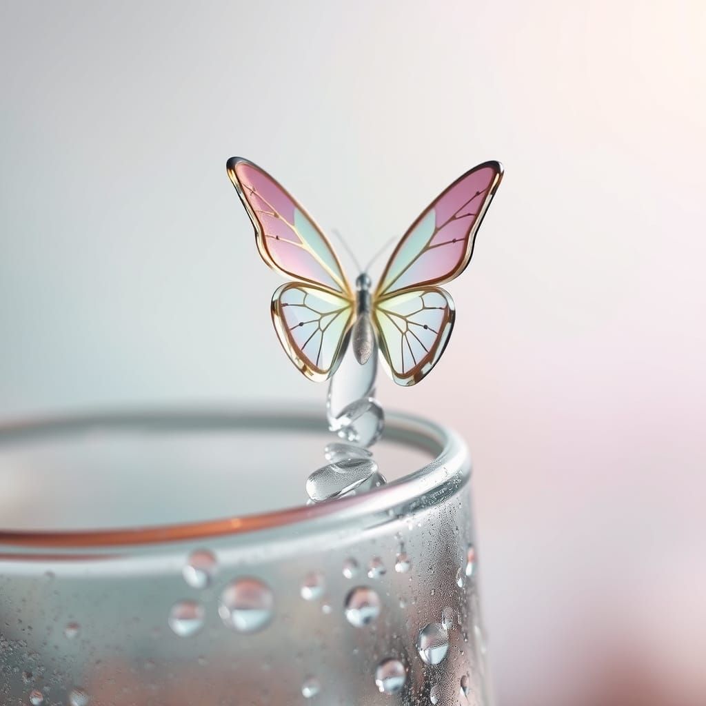 Ethereal Glass Butterfly on Water Droplets