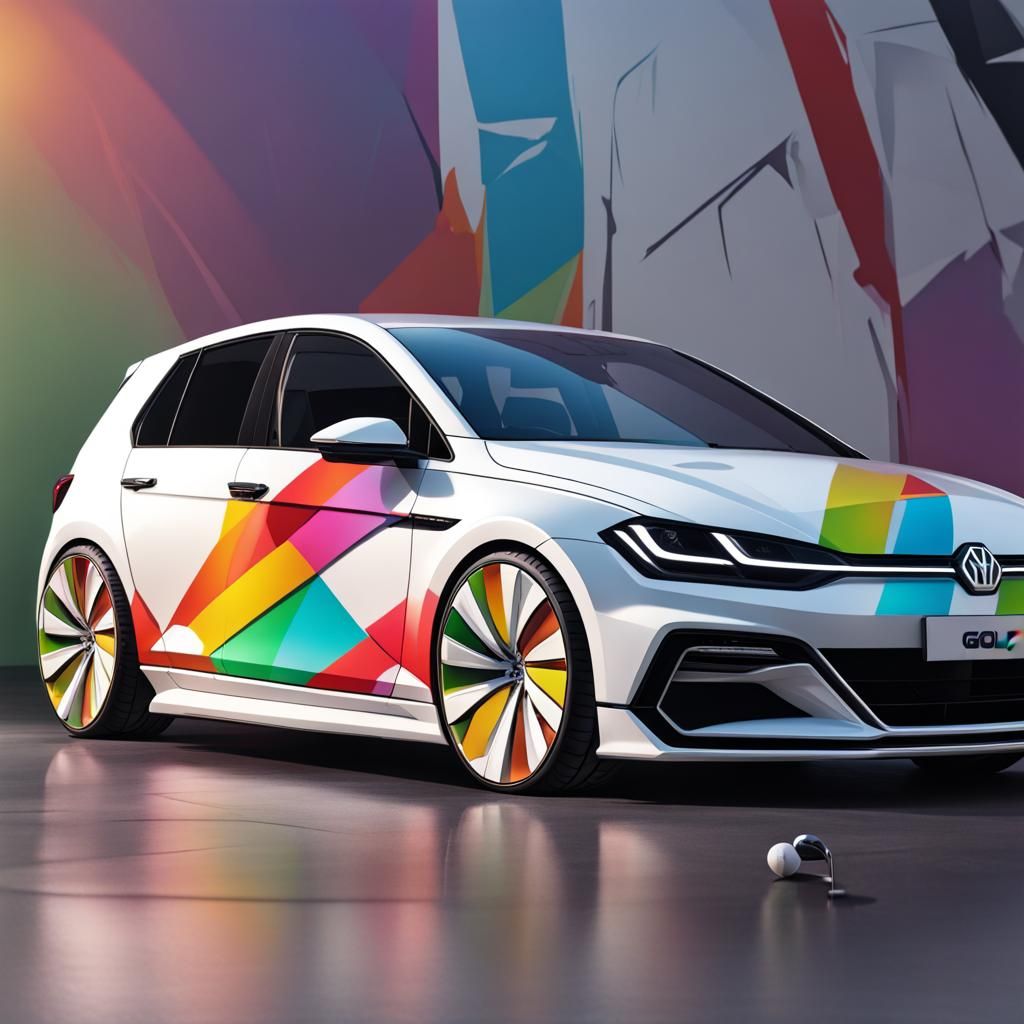 White Golf 8 Car Wrapping: Hyperrealistic Splash Art