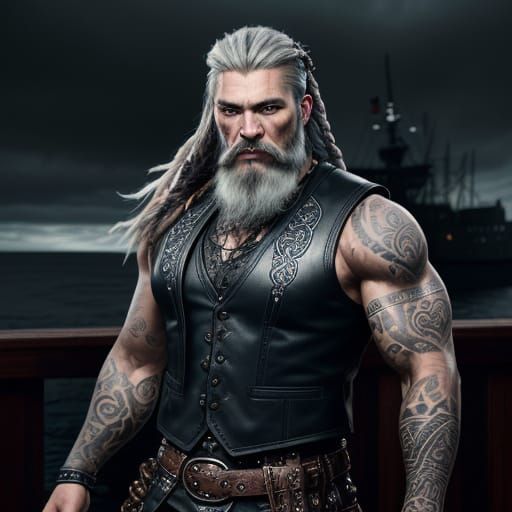 Nordic Warrior in Dramatic Lighting, Intricate Tattoos and L...
