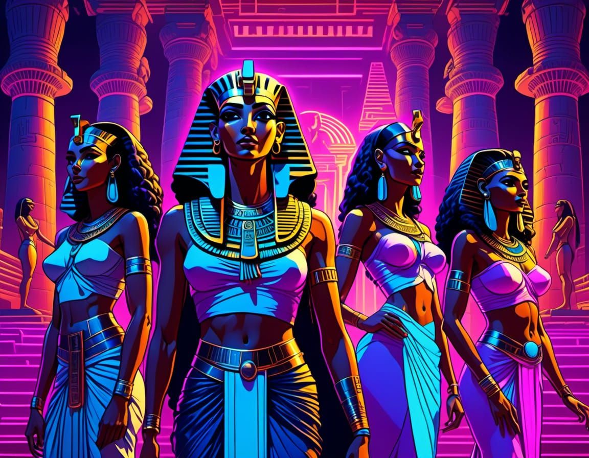 Neon Egyptian Priestesses in Synthwave Temple