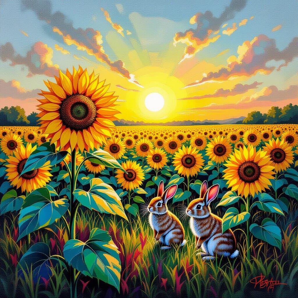 Rabbits in a Vibrant Sunflower Field