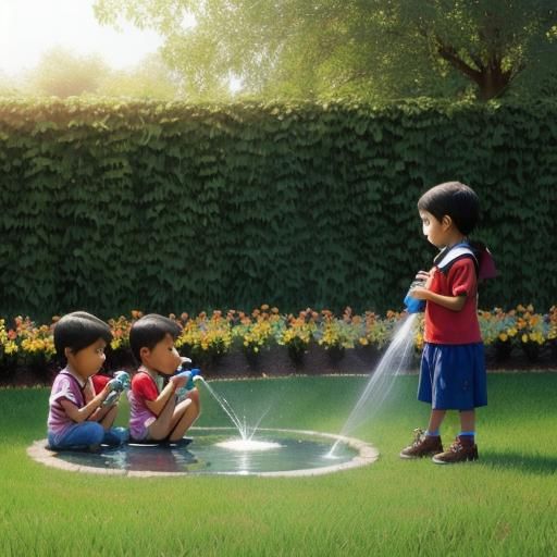 Children Share Water Hose on Summer Day