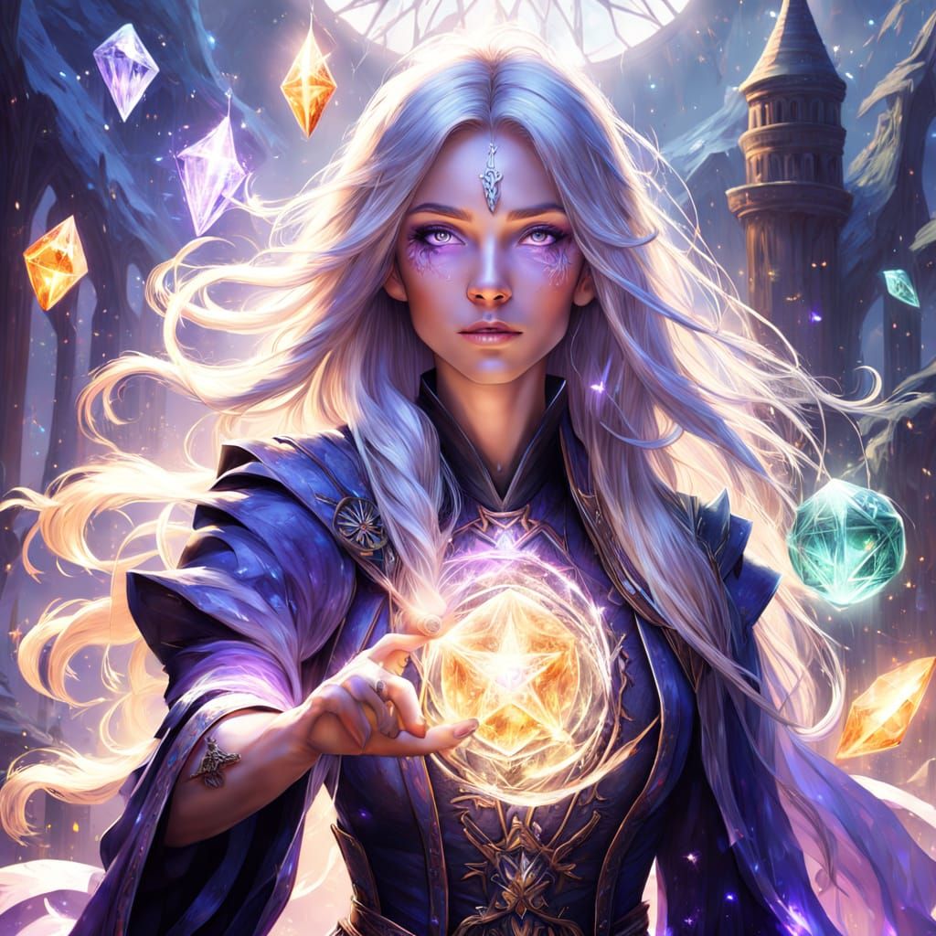 Enchanting Mage Wields Crystal Wand in Oil Painting
