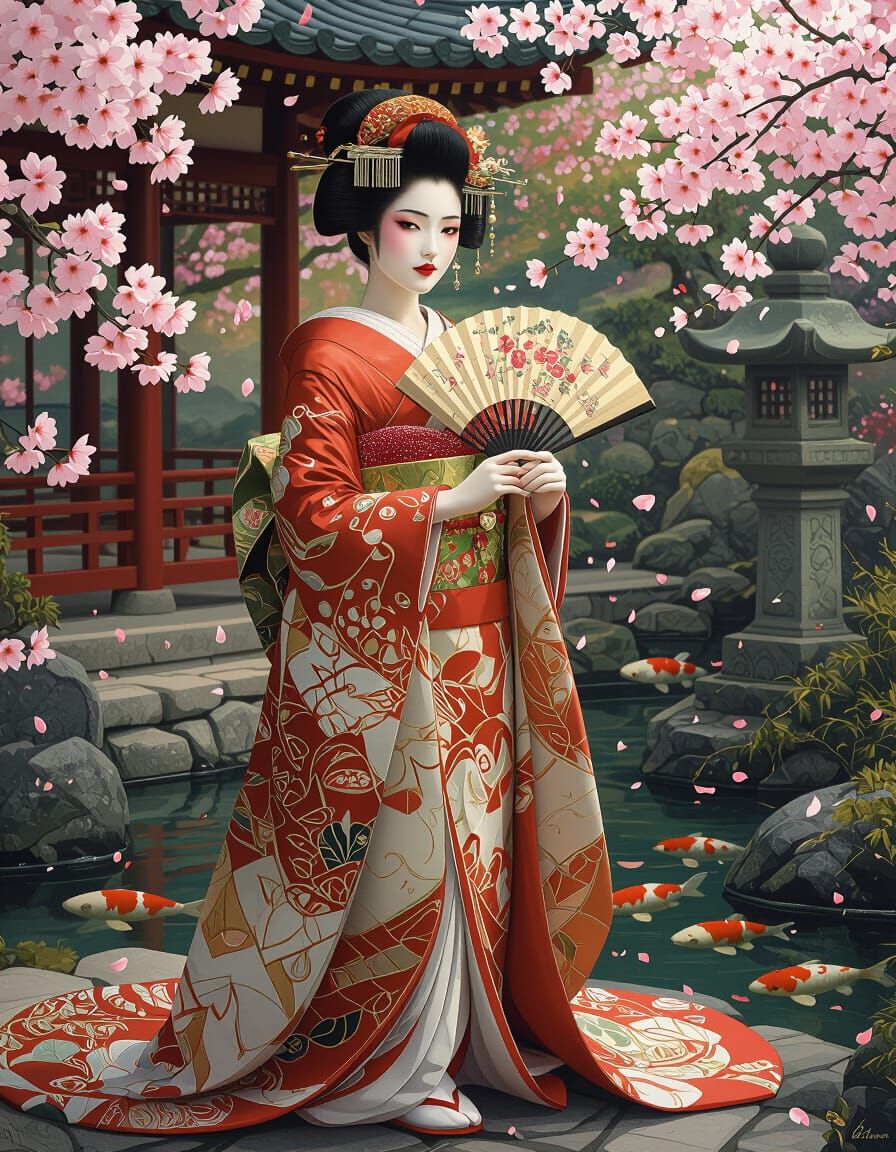 Elegant Geisha in Japanese Garden, Art Nouveau Portrait