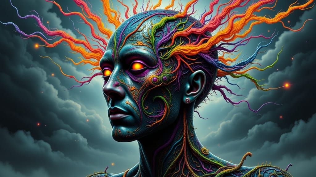 Ethereal Fractal-Faced Man with Rainbow Lightning