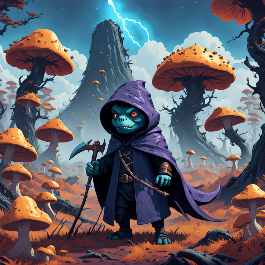 Chibi Grim Reaper Tyrannosaurus in Windswept Landscape