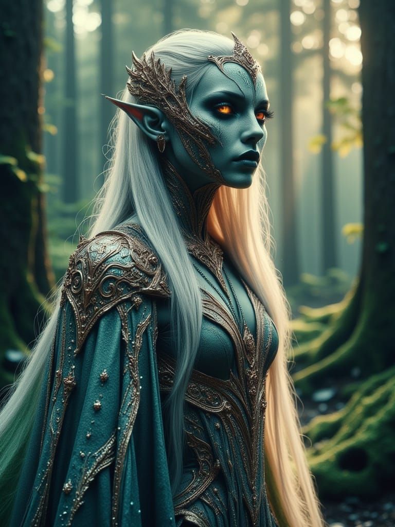 Ethereal Wood Elf Maiden in Dark, Mystical Forest
