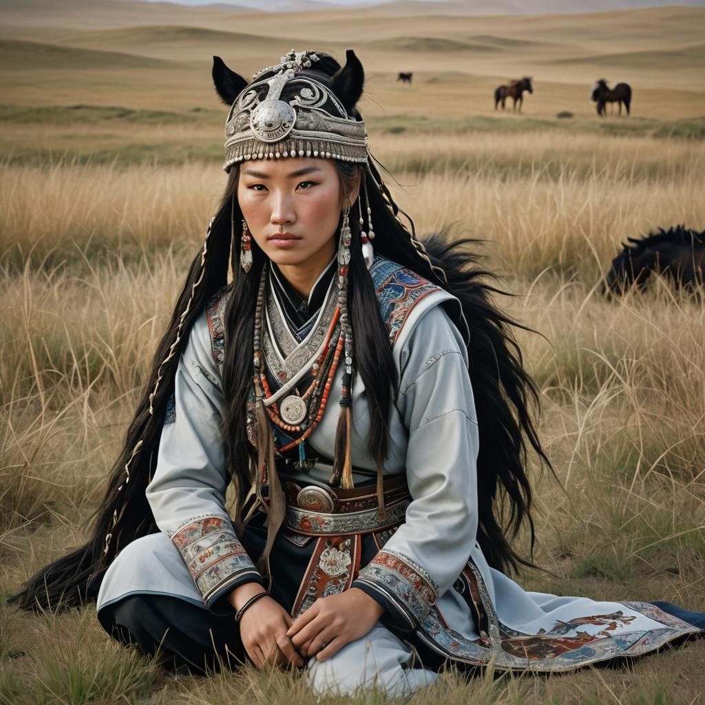 Mongolian Woman with Horse on Grassy Steppe