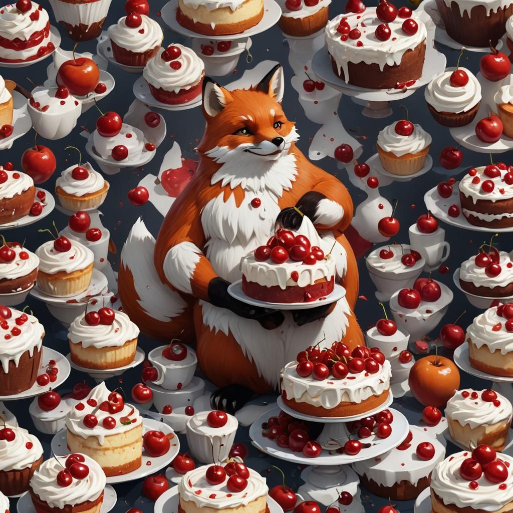 Furry Red Fox Fursona Eats Cake: Detailed Digital Art