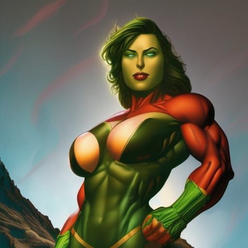Muscular Superheroine with Glowing Eyes, Comic Book Art