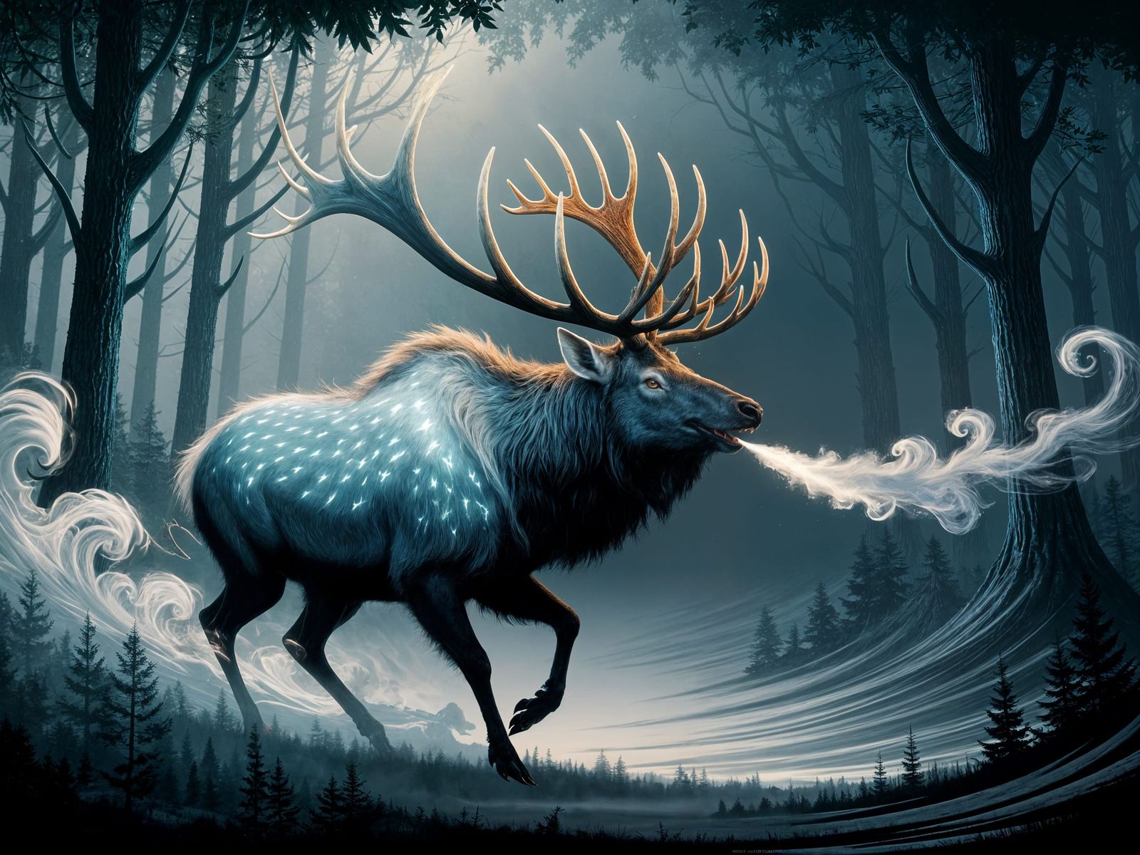 Glowing Irish Elk Galloping Through Misty Forest
