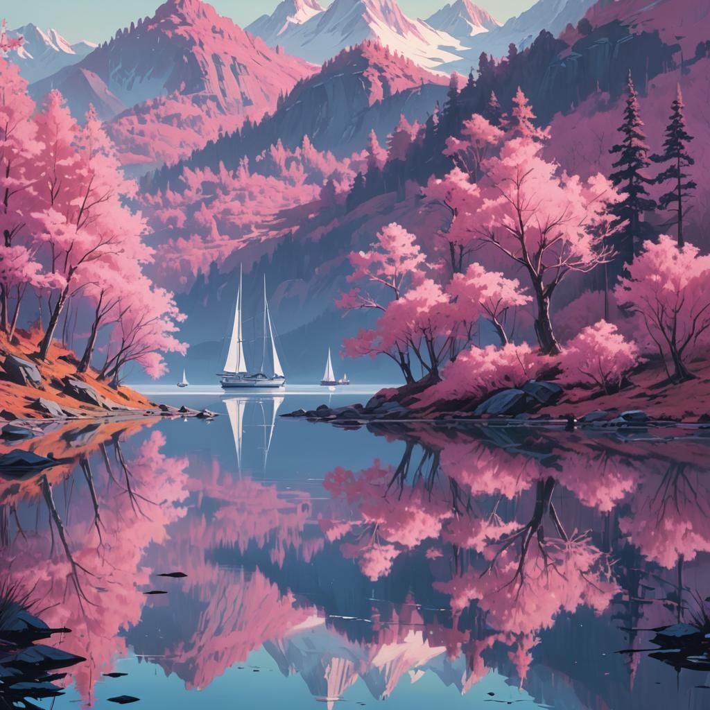 Pink Mountain Lake: Surreal Digital Concept Art