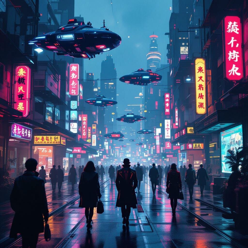 Retro-Futuristic City at Dusk with Flying Cars