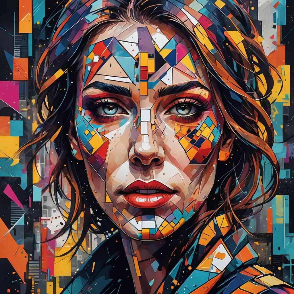 Cubist Woman Portrait with Ink Splatter Design