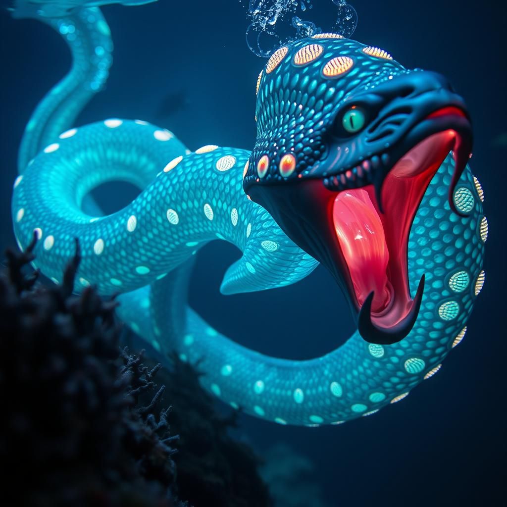 Bioluminescent Serpent with Ethereal Glow, Underwater