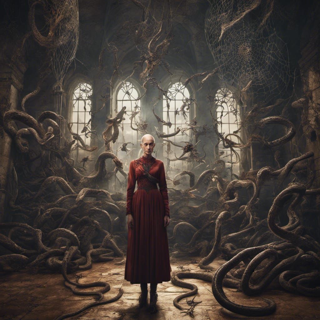 Bald Woman with Snakes and Spiders: Detailed Matte Painting