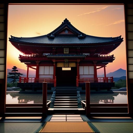 Surreal Japanese Temple at Sunrise in Woodblock Style
