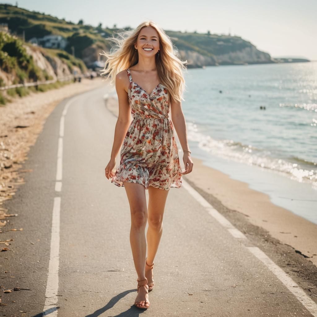 Blonde Woman in Floral Dress, Seaside Portrait