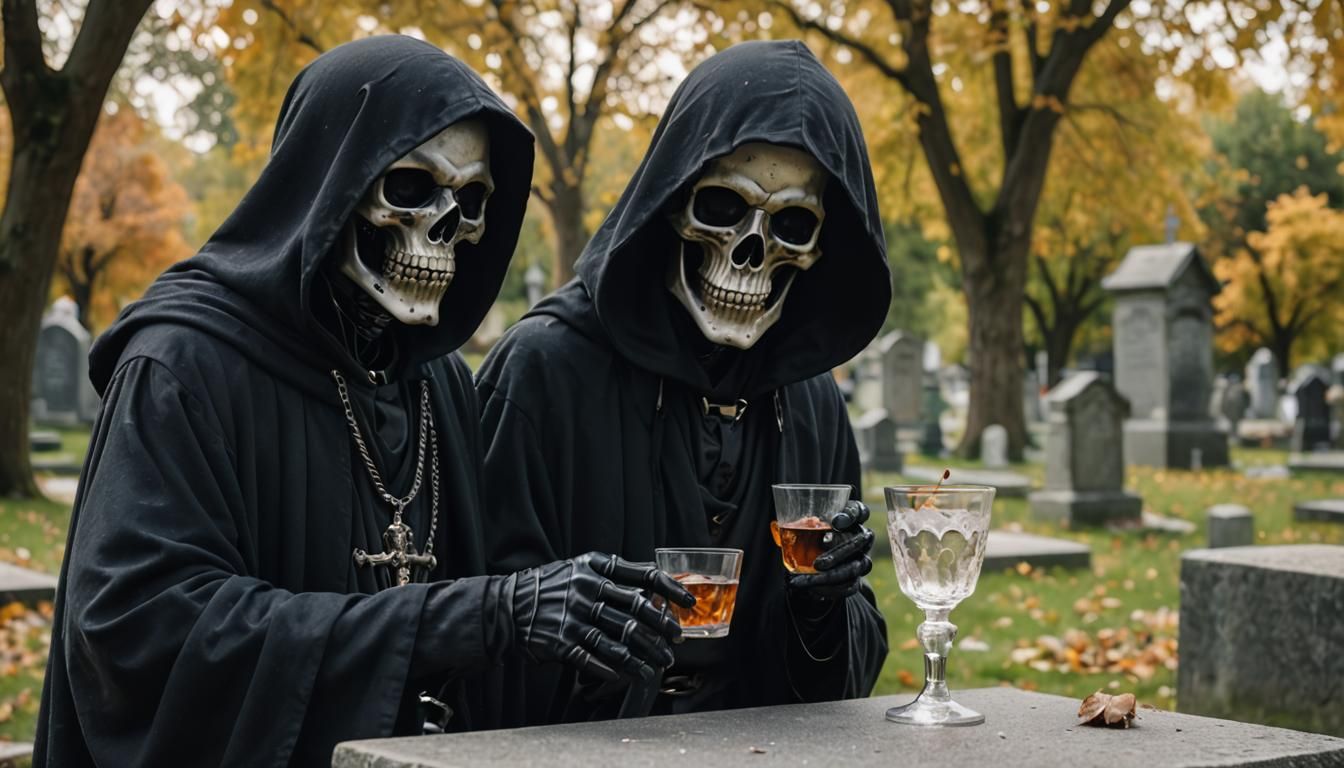 Grim Reaper Relaxing with a Drink