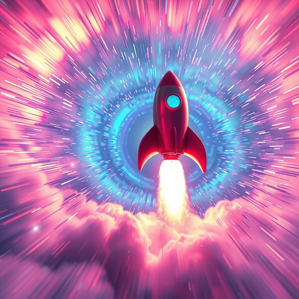 Iridescent Rocket Launch in Sparkling Space, Photorealistic