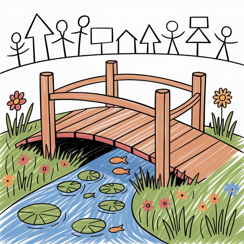 Charming Whimsical Bridge Scene in Bright Crayon Colors