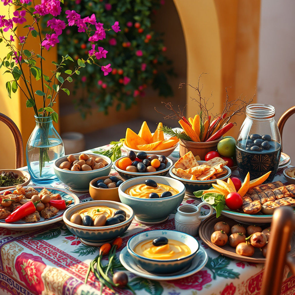 Whimsical Mediterranean Feast in Vibrant Colors