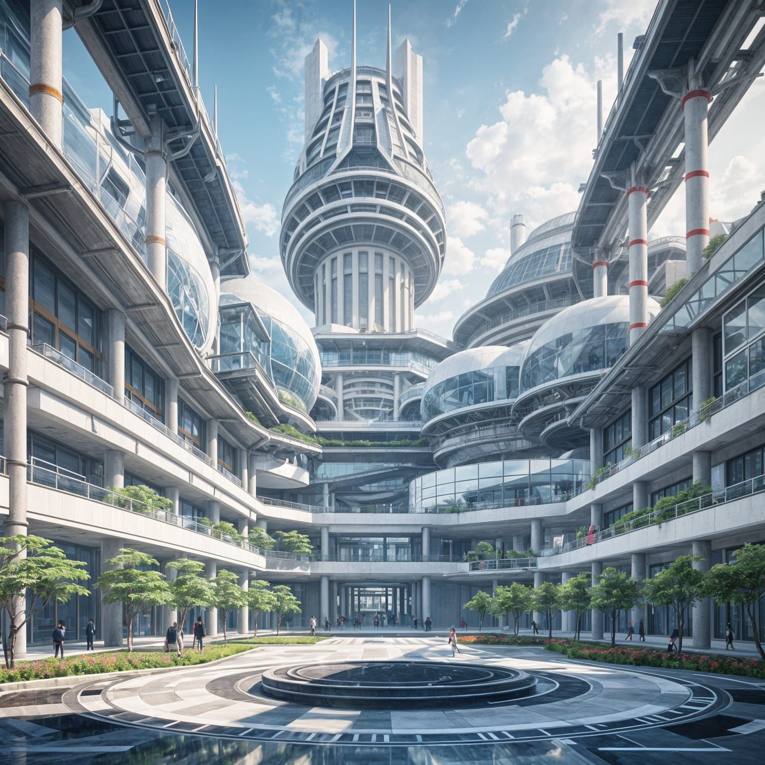 Futuristic Anime College Campus with Round Courtyard
