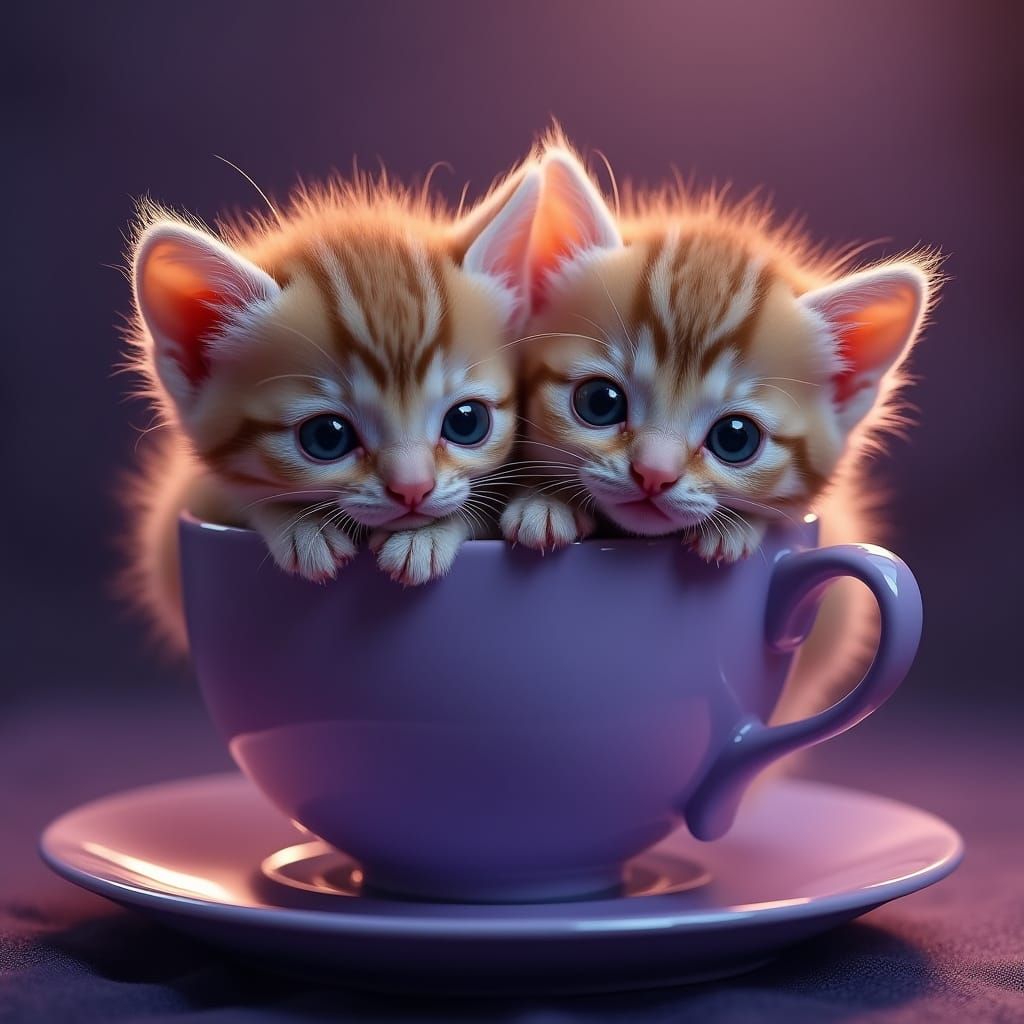 Render an image showcasing adorable baby kittens comfortably inside teacups. The kittens should be pictured up close, il...