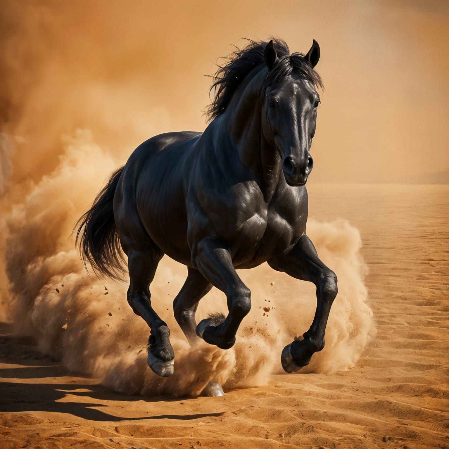 Powerful Black Stallion Running on a Dusty Beach