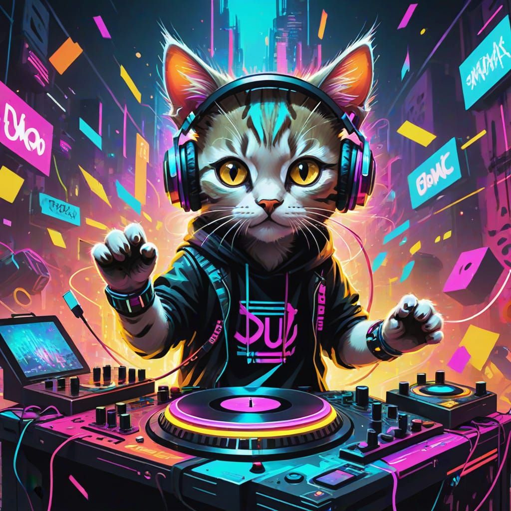 Neon Cyberpunk Feline DJ Party