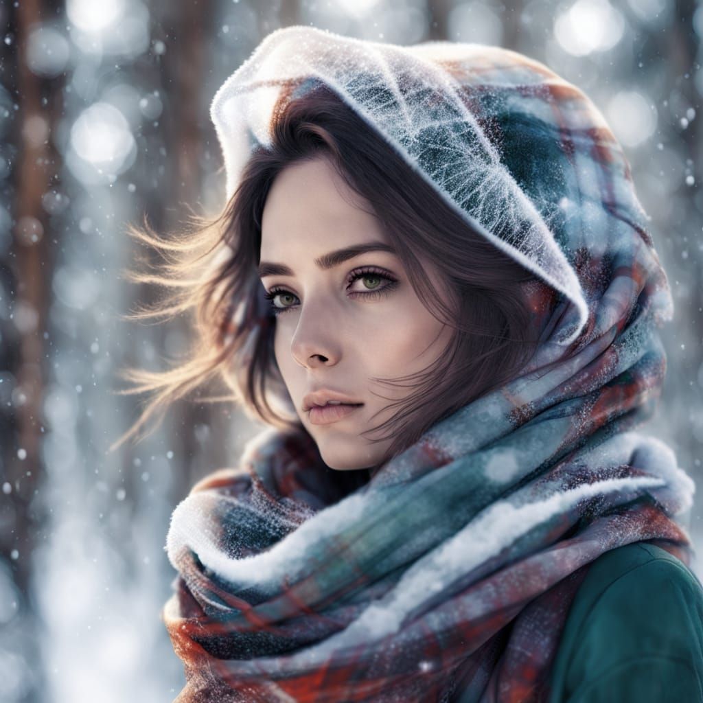 Woman in Plaid Scarf Double Exposed Over Snowy Forest