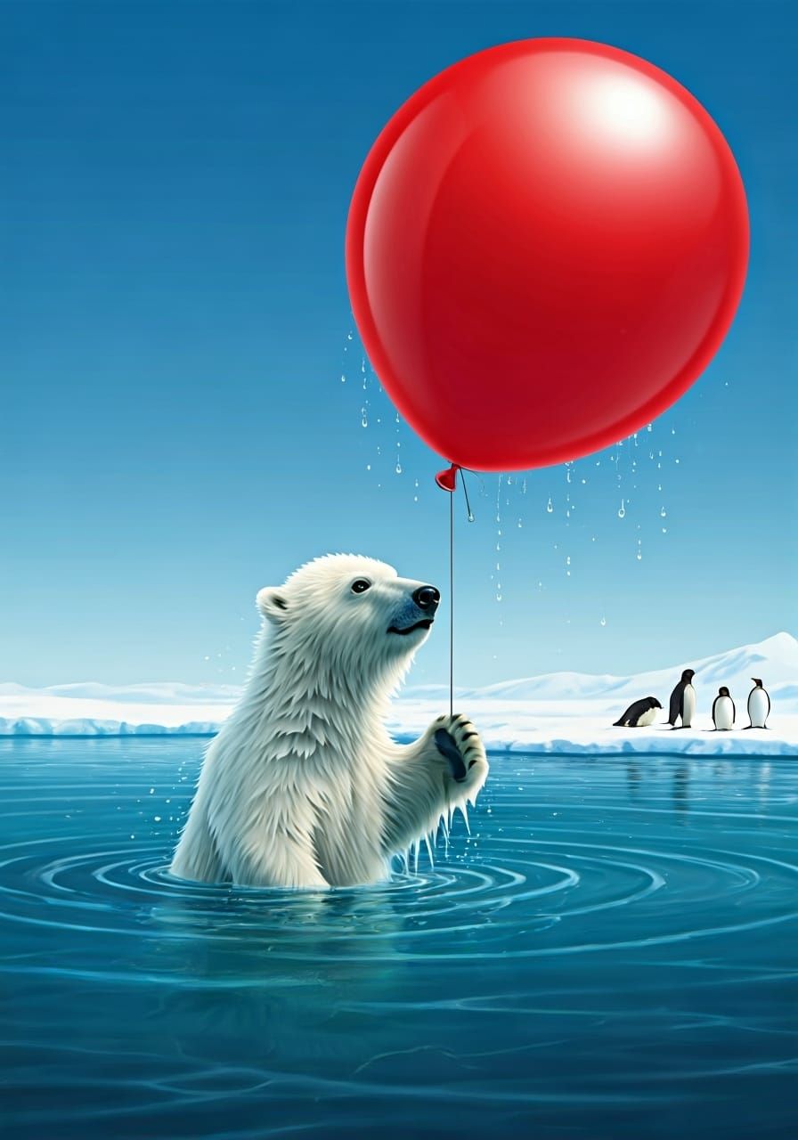 Polar Bear Saved by Balloon - Whimsical AI Art