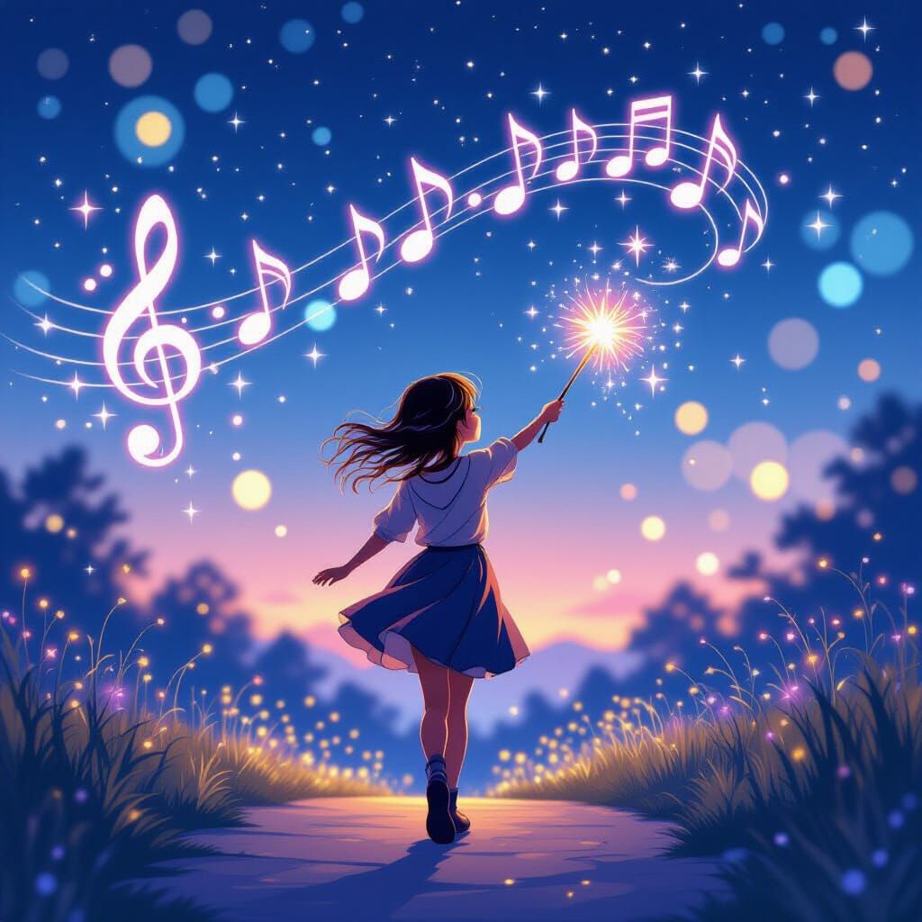 Magical Night Scene: Girl with Glowing Wand and Music Notes