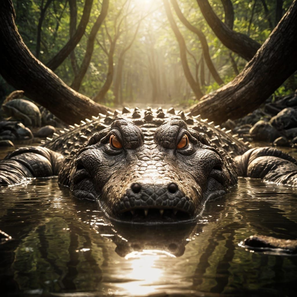 Hyperrealistic Crocodile in a River Scene with Volumetric Li...