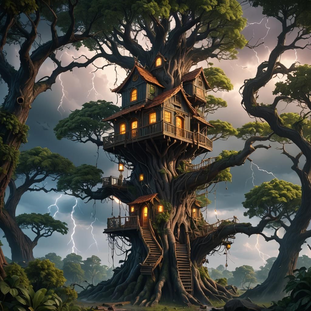 Fantastical Treehouse in Thunderstorm: Detailed Matte Painti...