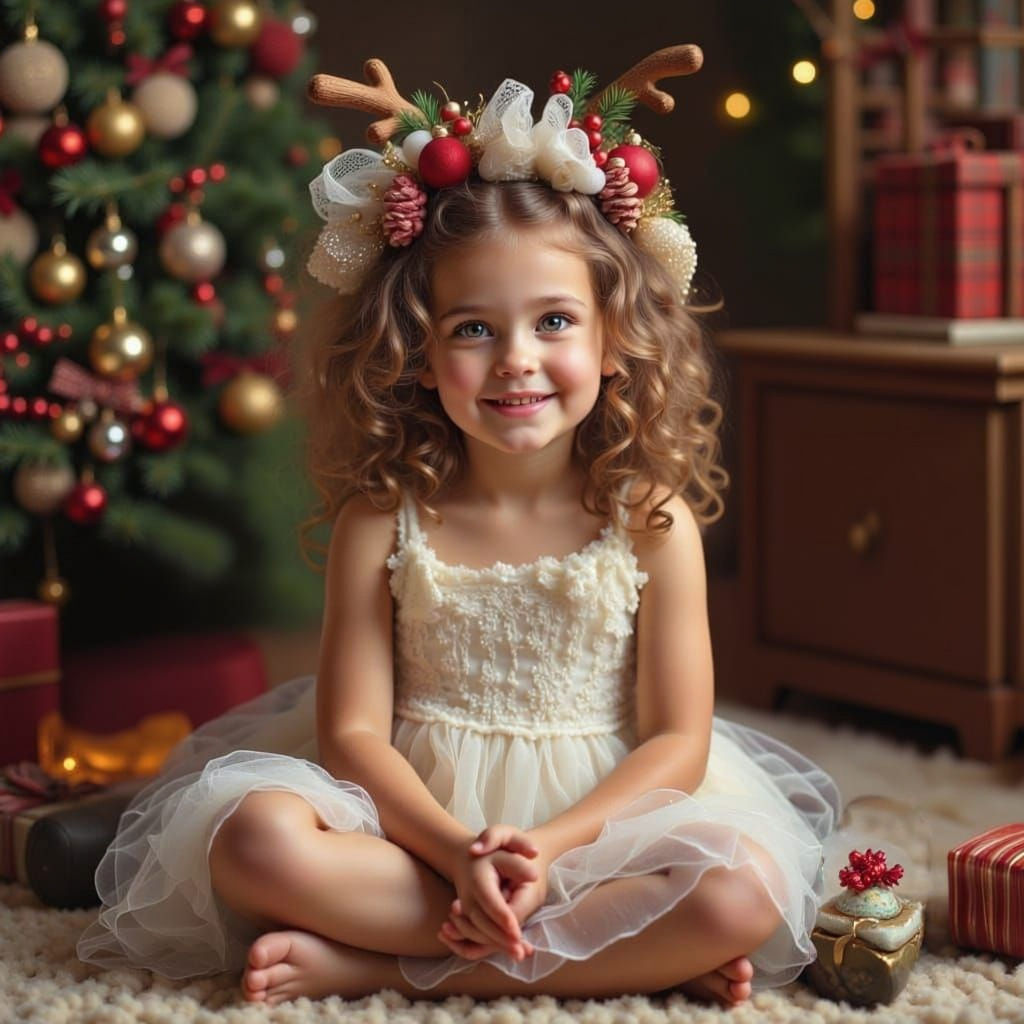 Child in Lace Dress Sits Before Santa