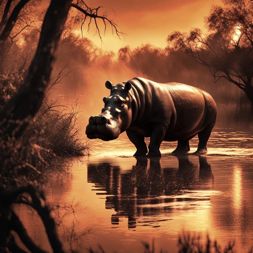 Hippopotamus Amidst a Fiery Landscape